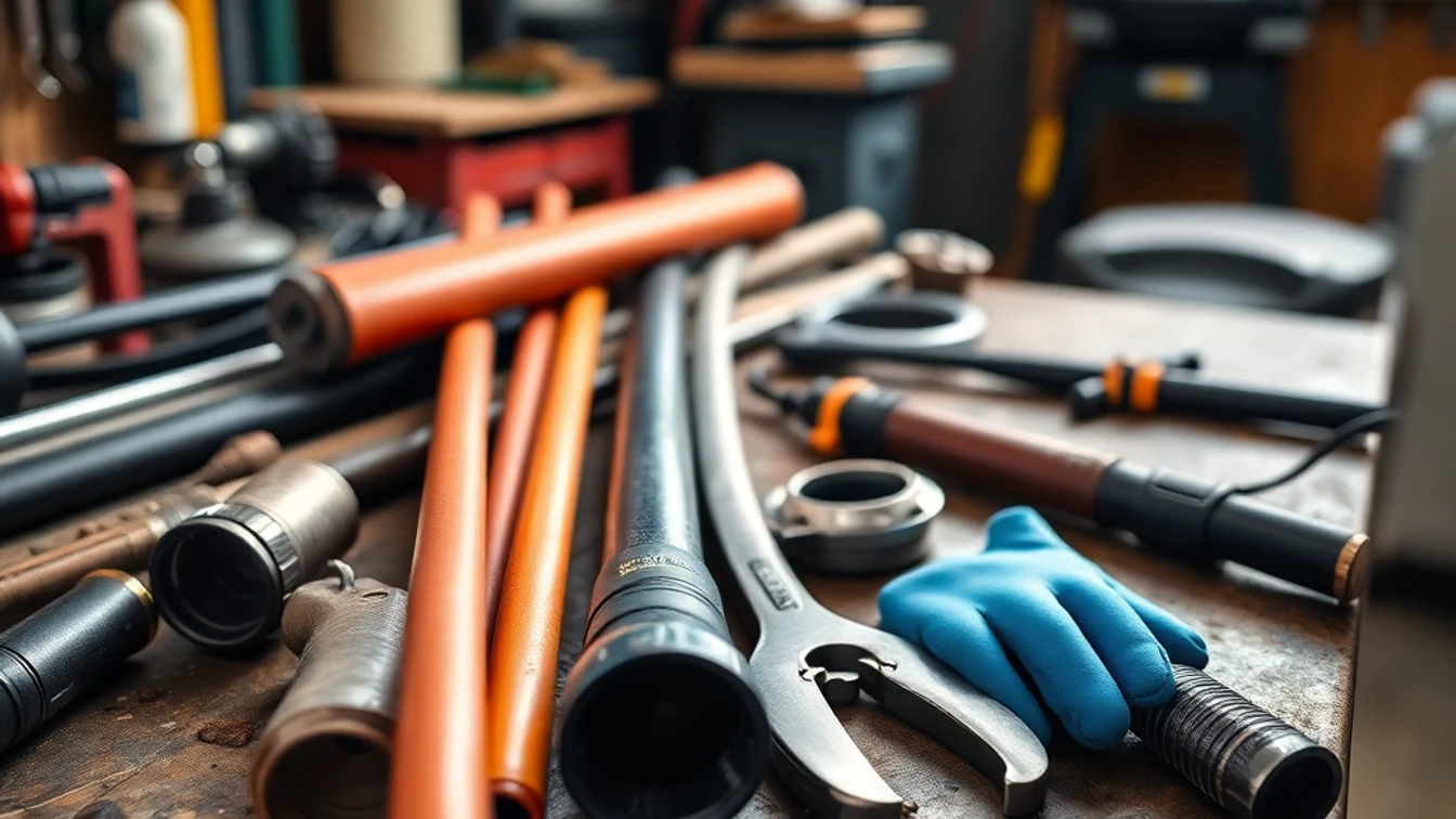 Drainage tools on a workshop bench, Southampton plumber equipment