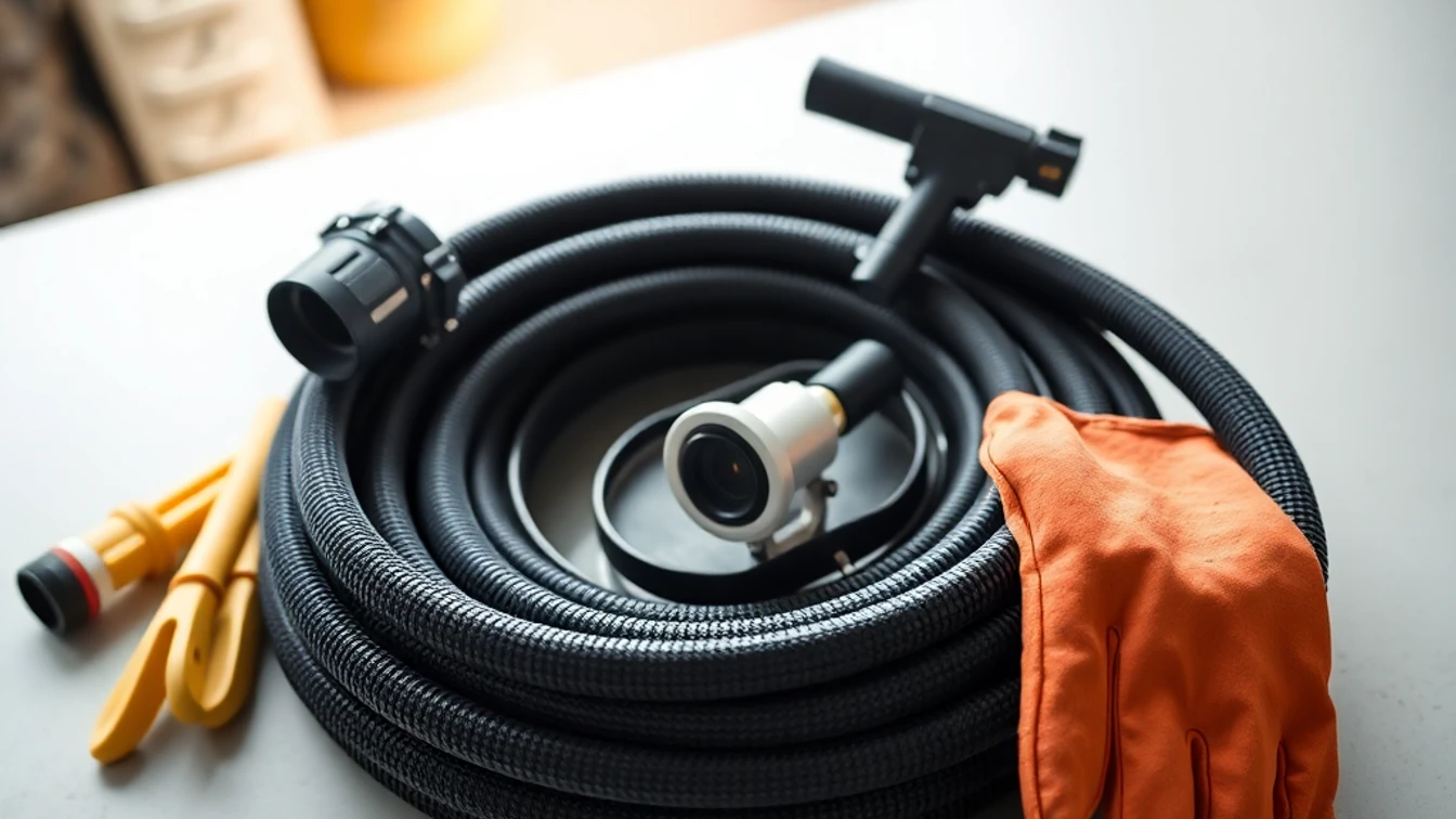 Flat-lay of drain rods, CCTV camera and jetting hose on a workshop surface