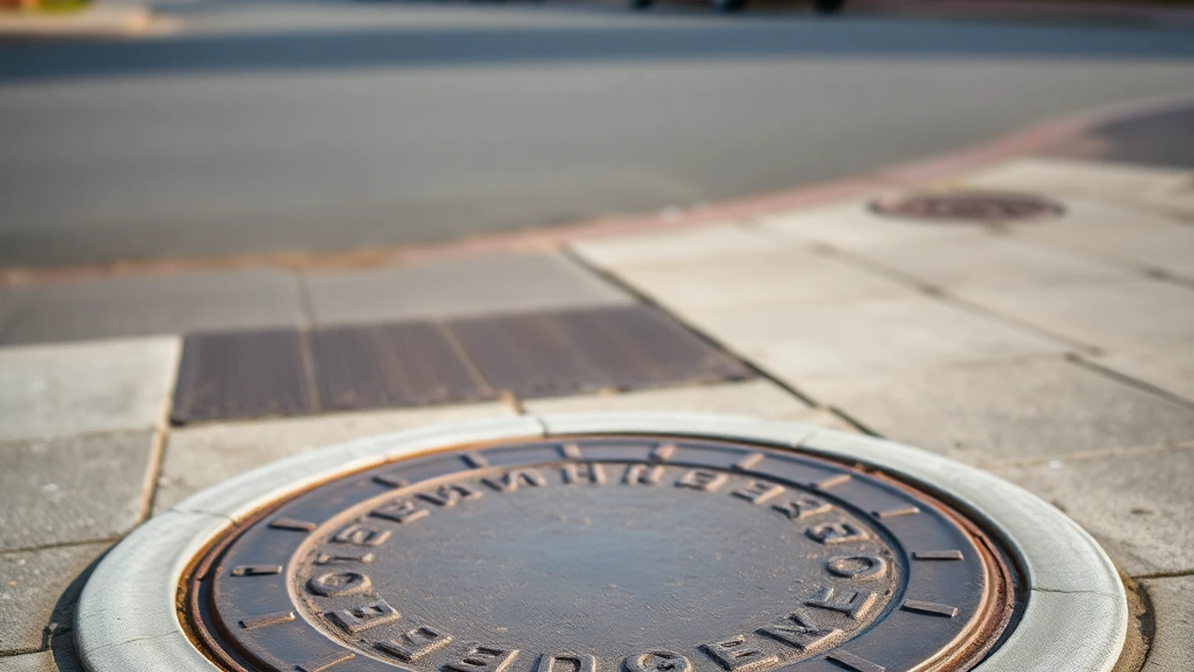 Open manhole on a Southampton suburban pavement for drain inspection
