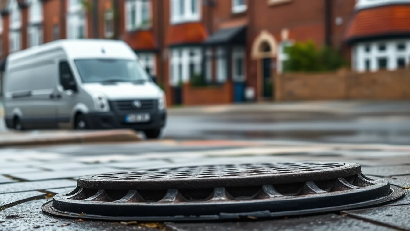 Southampton residential street with cast-iron manhole cover and Hampshire red-brick terrace housing