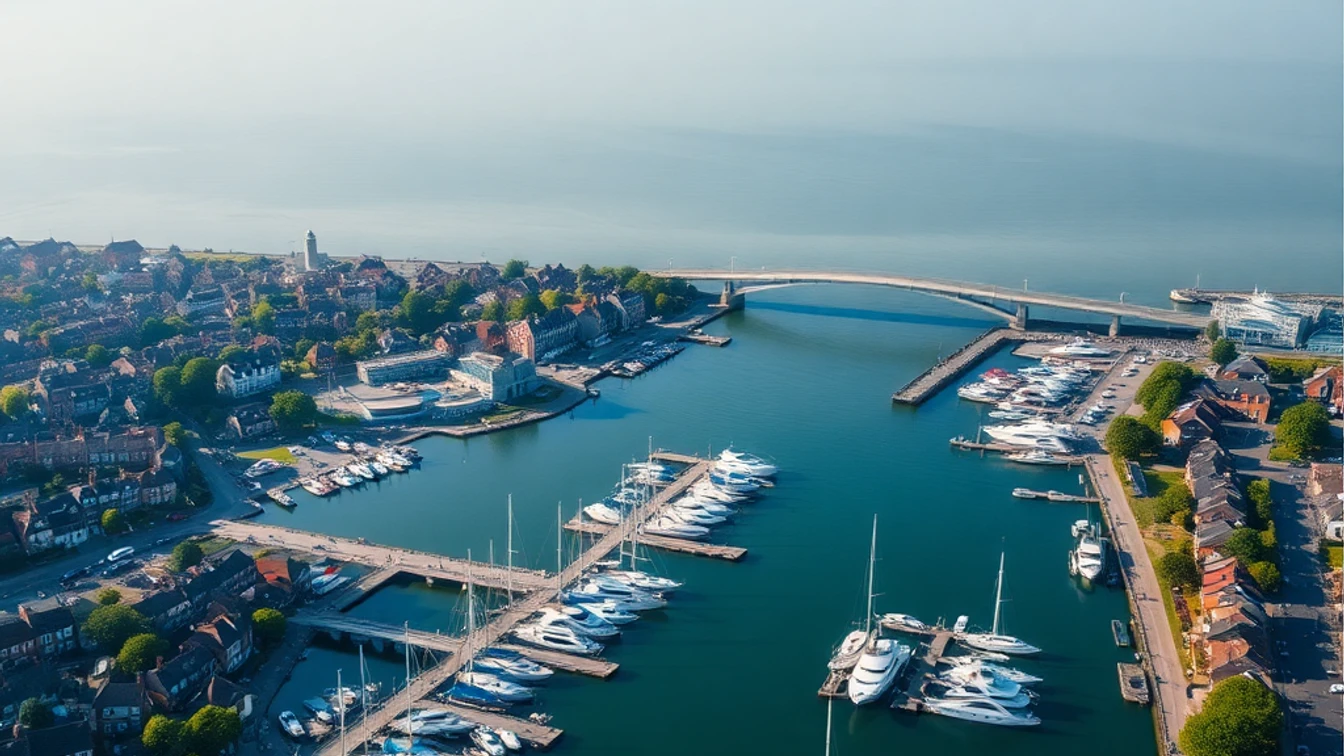 Aerial view of Southampton docks and city centre with Ocean Village marina and Itchen Bridge