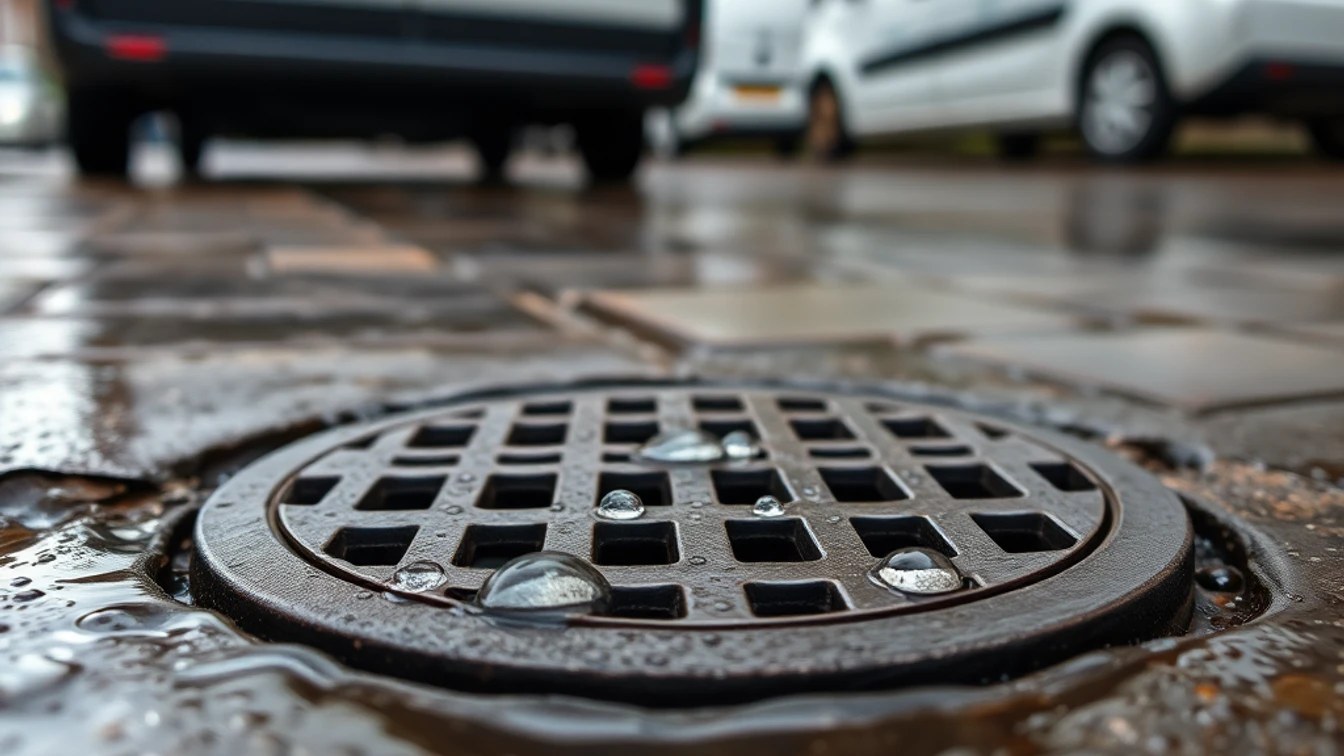 Drain grate on wet Southampton pavement, Hampshire drainage services